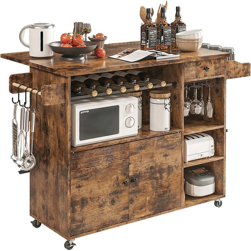Rolling Kitchen Island Cart With Drop-leaf, Storage Solution with Wine Rack, Storage Cart for Kitchen, vintage Brown