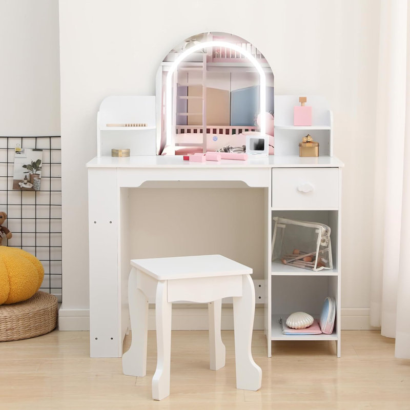 Kids Vanity with Lighted Mirror - 2 in 1 Little  Vanity Table and Stool - Kids Makeup with Bookshelf/Drawer and Open Shelves for 3-9 Yrs  - White