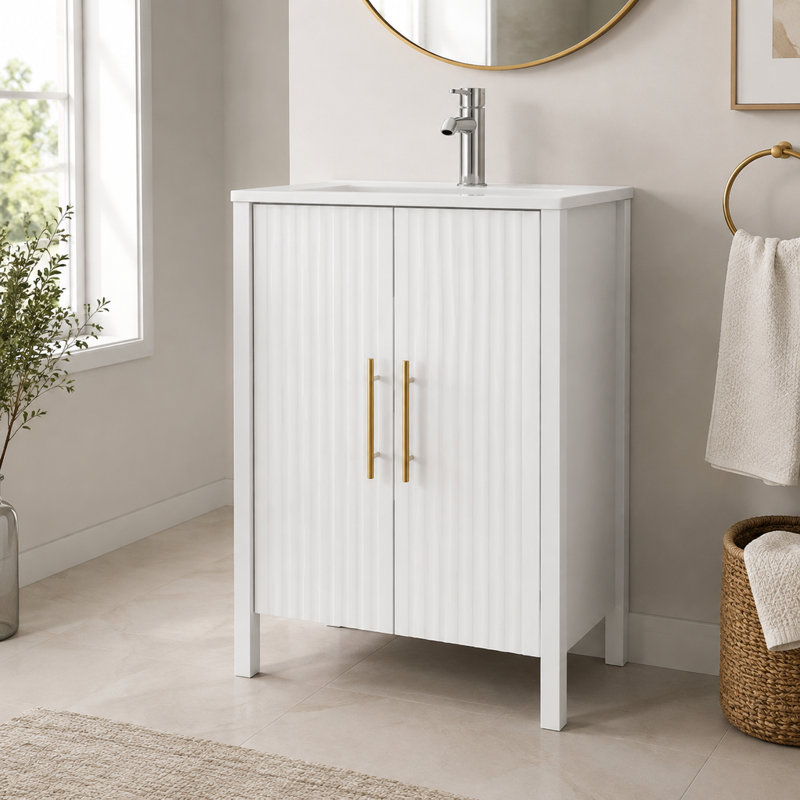 Meuble-lavabo de 61,2 cm avec lavabo intégré, portes ondulées blanches brillantes, poignées en métal doré, tablette réglable, meuble de rangement moderne autoportant pour salle de bain