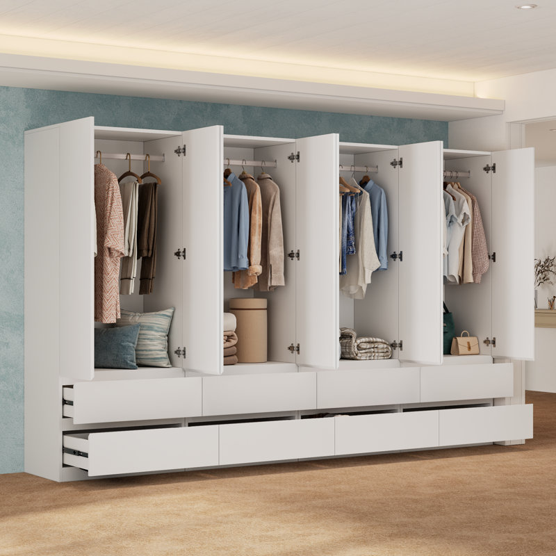Grande armoire autoportante avec 8 tiroirs et 4 tringles suspendues, blanc