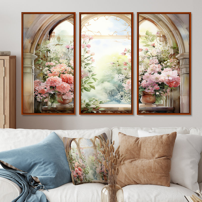 «Pink Blossoming Country Window Gaze V», art mural floral, H 32 po x l 48 po x P 1 po, Cadre flottant brun