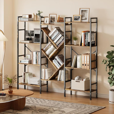 Bibliothèque à 4 niveaux en bois - grande bibliothèque ouverte avec 14 tablettes de présentation - structure en métal robuste - support de rangement rustique pour le salon, la chambre à coucher, le bureau