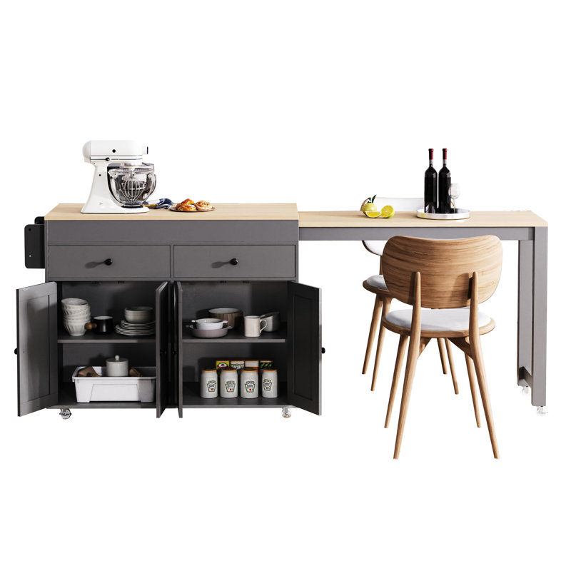 Extendable Kitchen Island With Metal Door & Storage Space - Grey Slide
