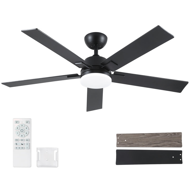 Stylish 52" Indoor Matte Black Downrod Mount Ceiling Fan With LED Light,Reversible Motor and Remote Control, Matte Black