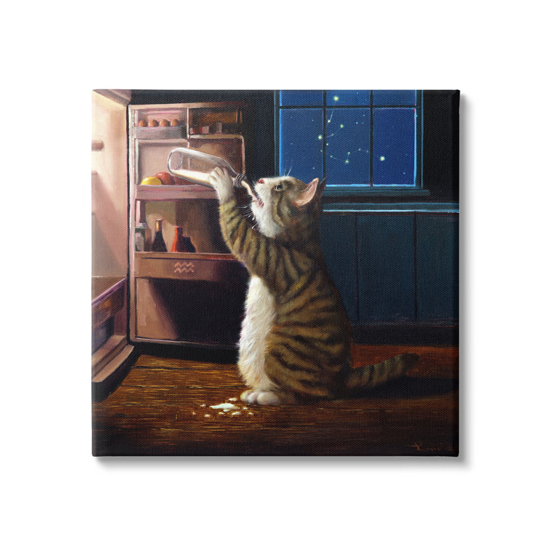 «Midnight Snack Cat Dr potable Milk Kitchen Aquarius Symbole» par Lucia Heffernan - impression sur toile tendue