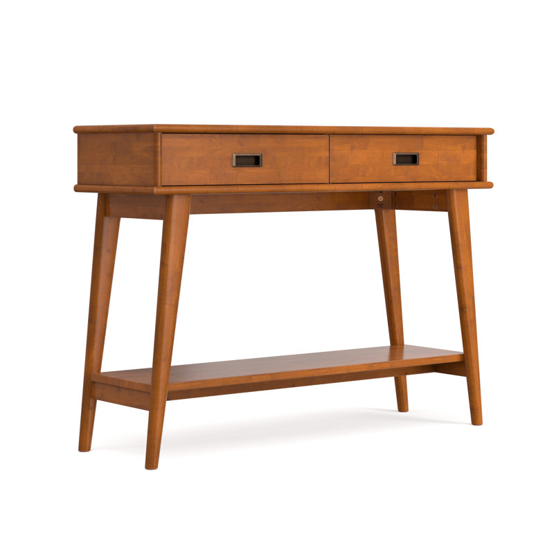 Console moderne en bois massif de style Mid-Century avec 2 tiroirs et tablette ouverte Draper