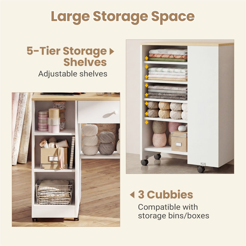 53″W Pull-Out Sewing Craft Table with Storage,Mobile Sewing Machine Desk with Drawers & Adjustable Cabinet, White + Natural