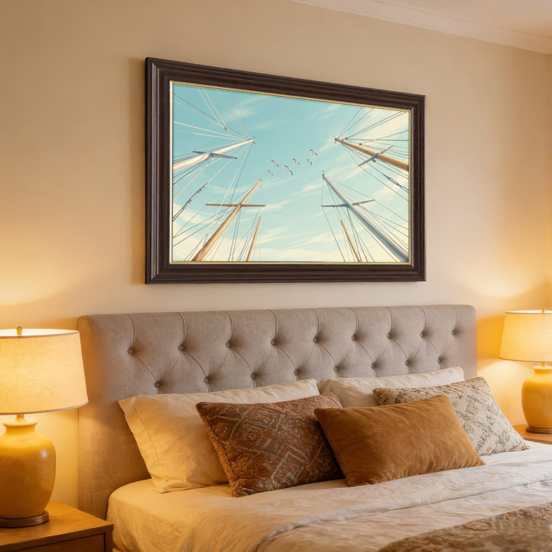 Art mural antique sur toile encadré doré pour le salon, la chambre à coucher, le bureau ou le vestibule - Décoration murale décorative avec mâts de voile