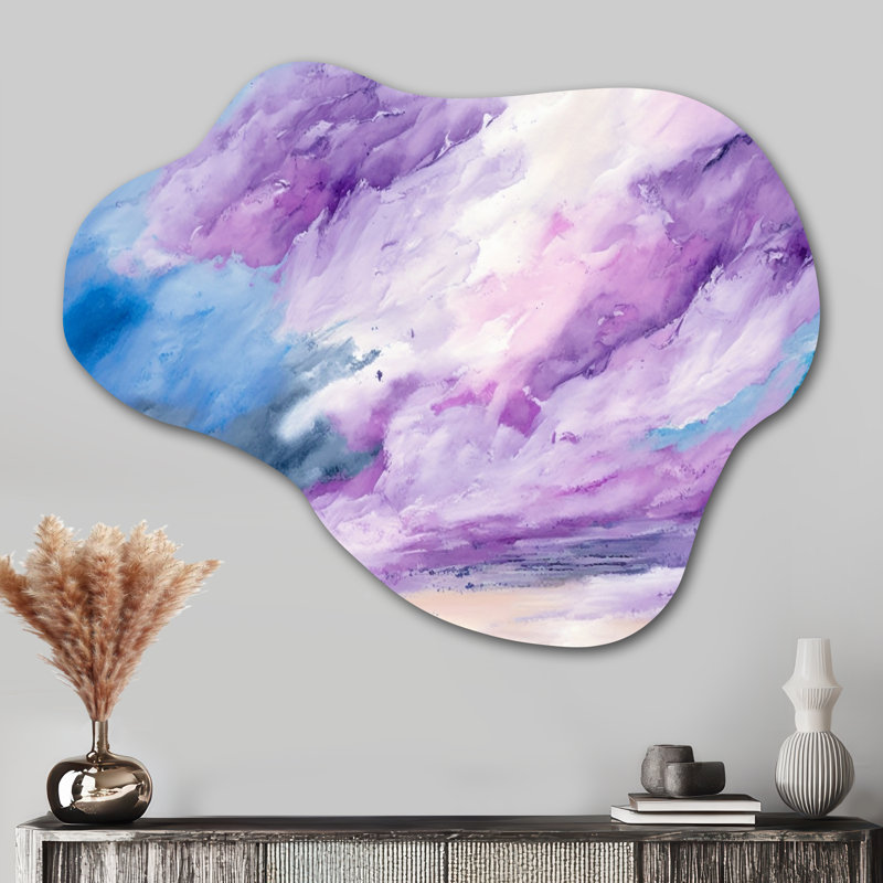 «Violet Storm At The Horizon», art mural asymétrique abstrait à encre liquide en métal, H 27 po x l 35 po