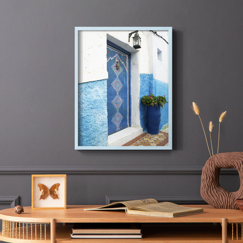 Porte marocaine, reproduction encadrée - bois massif, Bleu, H 10 po x l 8 po