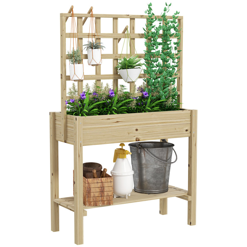 Wooden Raised Garden Bed with Trellis, Elevated Planter Box with Storage Shelf, Outdoor Flower Box for Vegetables, Flowers, Herbs