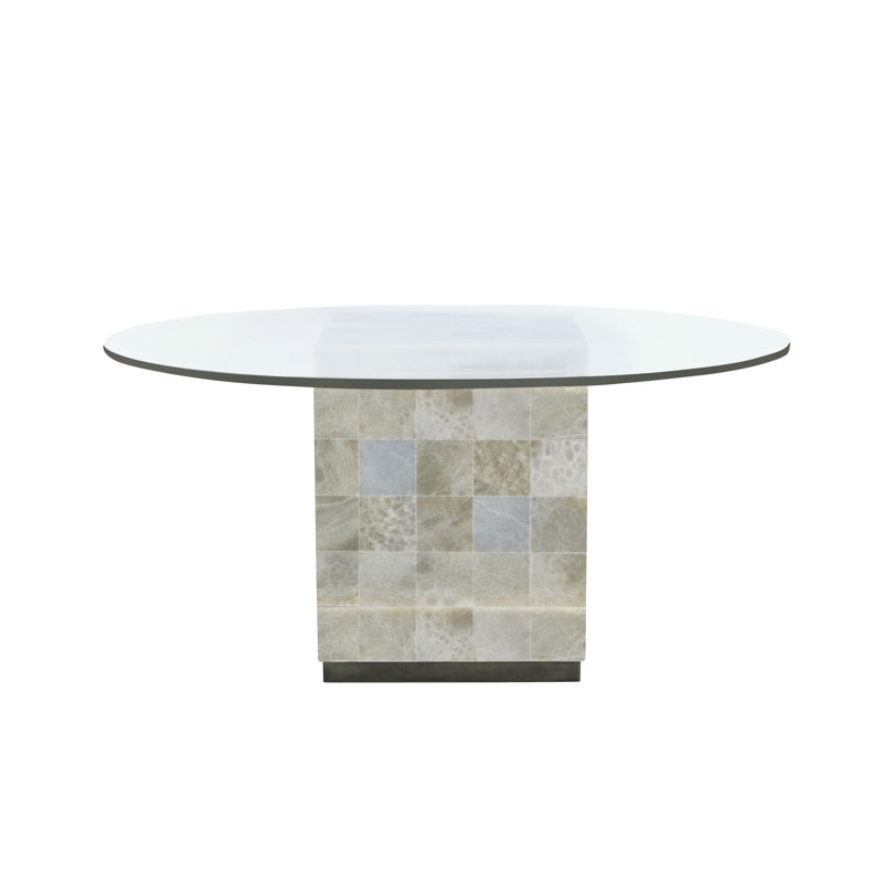 Trimbelle 54" Beige Onyx Base Round Glass Dining Table