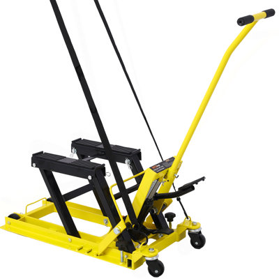 Cric de levage hydraulique pour motocyclette, vérin de ciseaux pour VTT d'une capacité de 1500 lb, table élévatrice portative pour moto avec 4 roues, support de levage hydraulique à pédale avec attache jaune