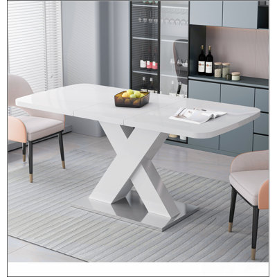 Table de salle à manger moderne carrée, extensible, plateau de table blanc + pied de table en MDF en X avec base en métal