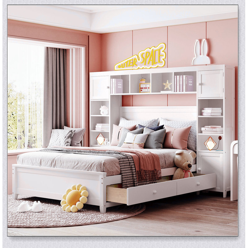 Lit en bois avec armoire et tablette tout-en-un, Blanc