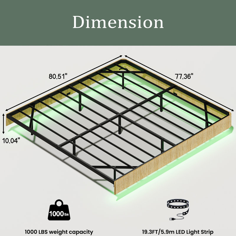 Floating Bed Frame With LED Lights, Wave Curve Wood Texture Bed With Heavy Duty Metal Slats - No Box Spring Needed, King, Oak
