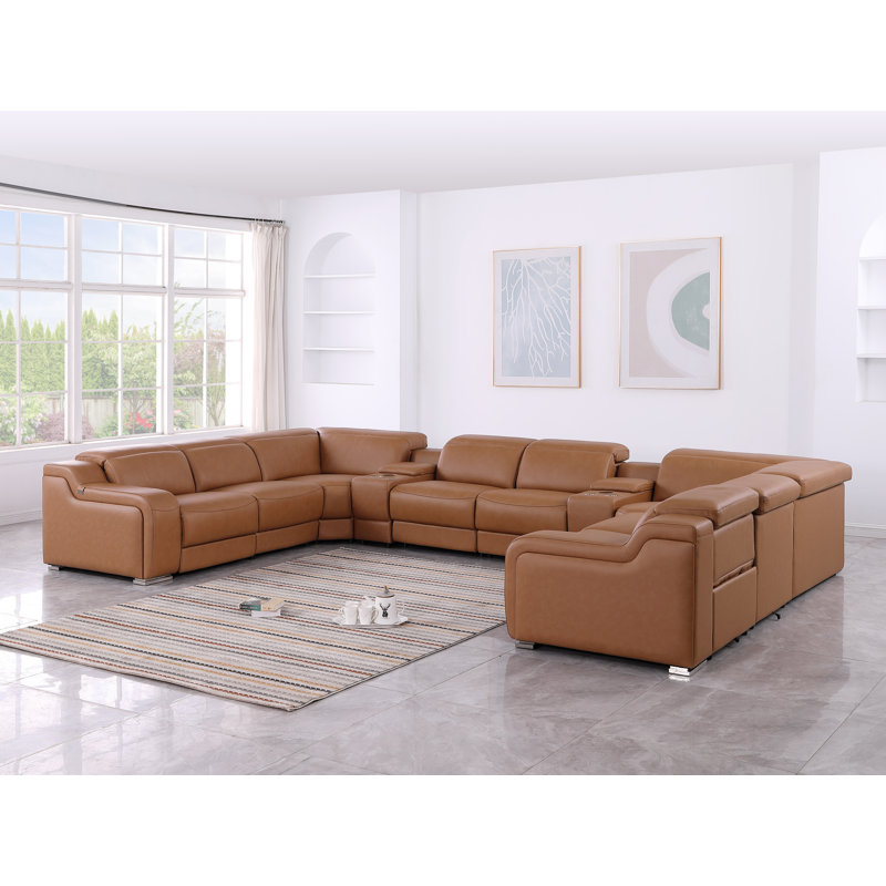 Canapé modulaire inclinable en cuir italien 10 pièces Stanwin, Cuir véritable cognac