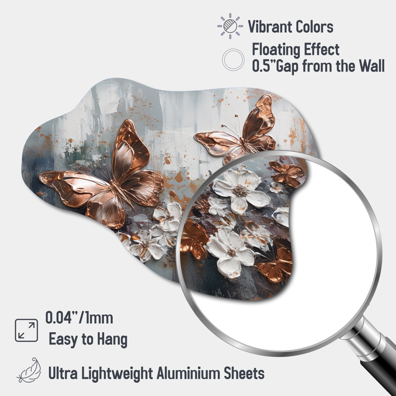 Rose Gold Butterfly Wings And Flowers III - Cloud Floral Metal Wall Decor, Asymmetrical Metal Wall Sculpture Print