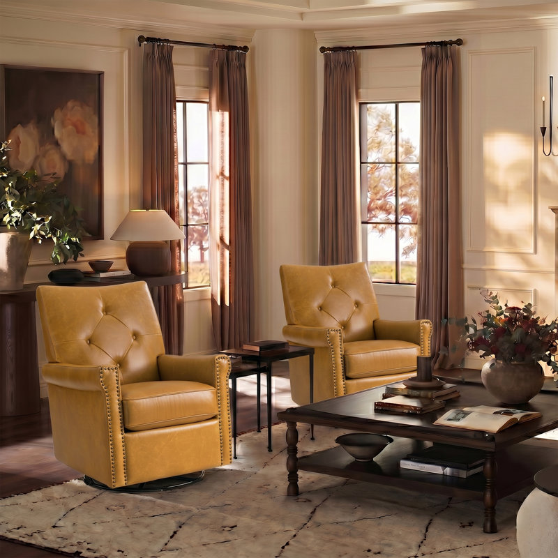 Stratton 31"W Transitional  Genuine Leather Swivel Rocker Chair with Tufted Back and Nailhead Trim, Camel