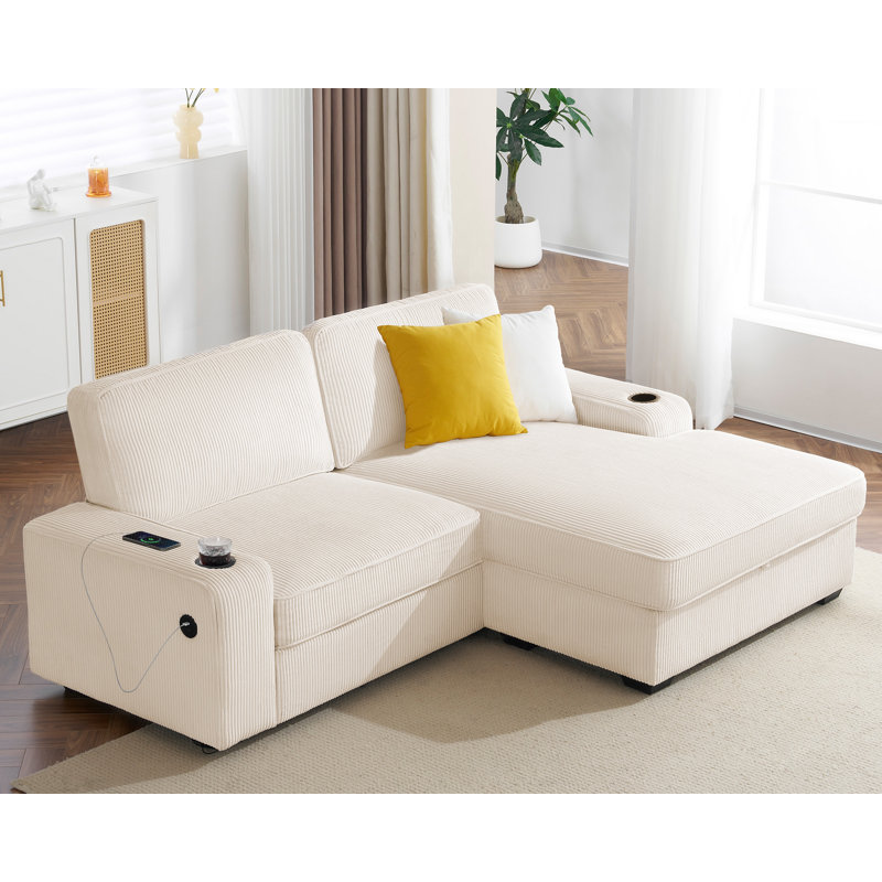 Canapé en L de 89 pouces, canapé convertible avec port de charge USB et porte-gobelets - canapé en L avec rangement Chiase, canapé moderne pour le salon, velours côtelé