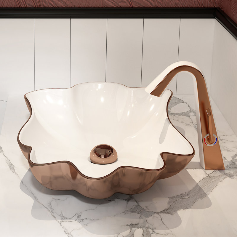 MEJE 24-Inch Unique Lotus Leaf Flower Shape Bathroom Vessel Sink, Above Counter Porcelain Ceramic Vessel Vanity Sink, Art Basin (Include Pop Up Drain)