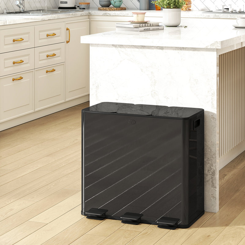 Triple poubelle, 3 poubelles de 20 L avec couvercle à fermeture douce, Noir, noir, noir, noir