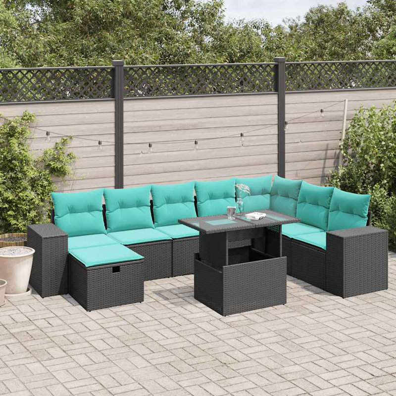  Ensemble de canapé de patio 9 pièces avec coussins en rotin de polyester, Noir, Vert