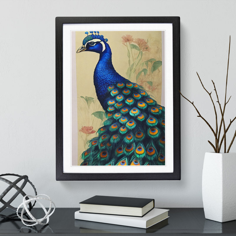 Vintage Peacock No.3 - Single Picture Frame Painting, 64cm H x 46cm W x 2cm D, Black Framed