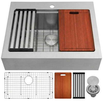  33" L x 22" W Farmhouse Apron Front Workstation Kitchen Sink 16 Gauge Stainless Steel Single Bowl With Accessories