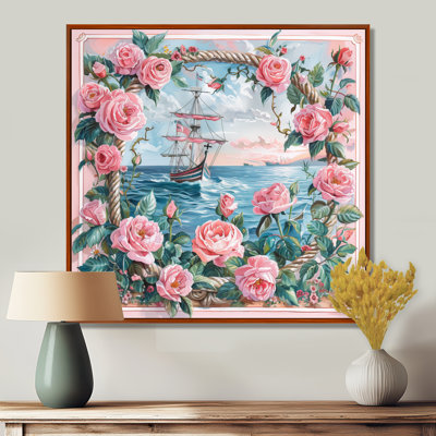 Pink Green Pirate Anchor With Pink Roses IV - Coastal Wall Decor