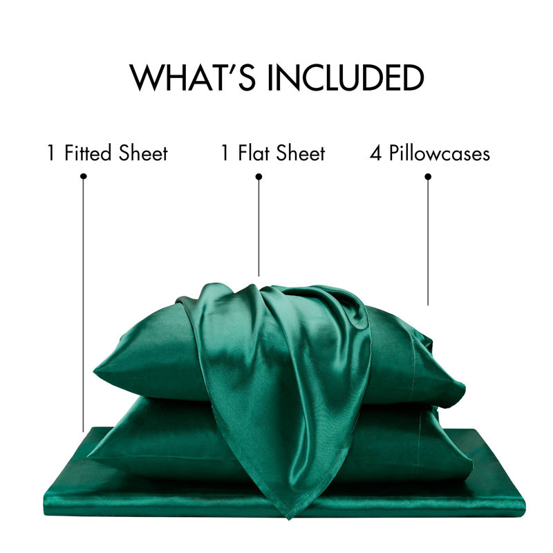 Satin Wrinkle Resistant Luxury Sheet Set, Queen Sheet Set + 4 Standard Pillowcases, Emerald