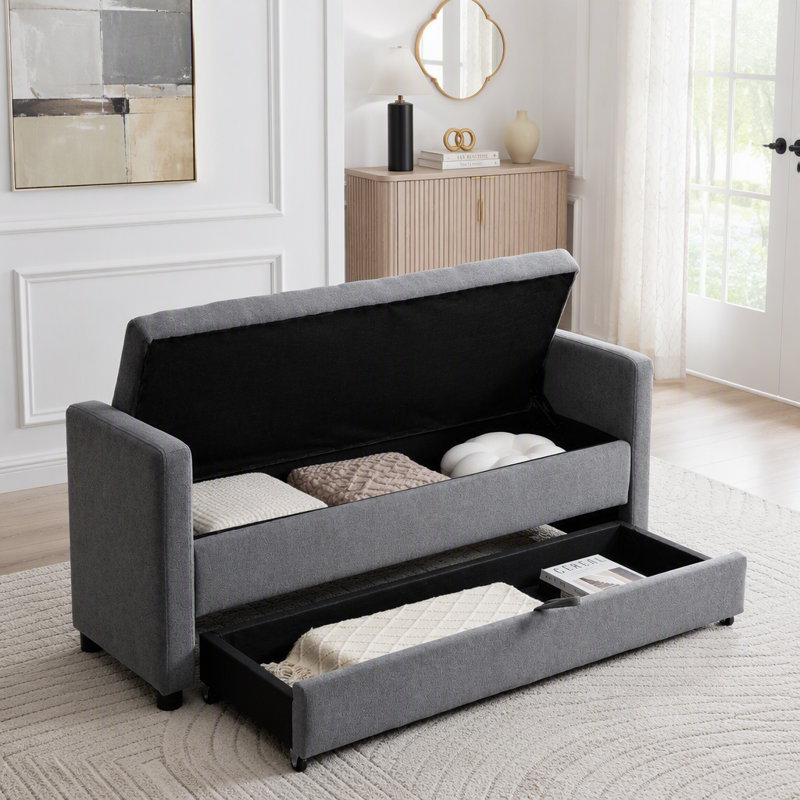 Banc de rangement rembourré moderne de 58,27 po de largeur avec double espace de rangement, Grey