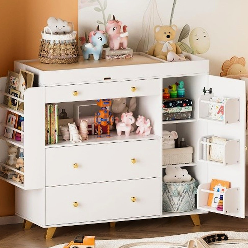 Commode de table à langer blanche avec plateau large et 3 tiroirs, produit facile à assembler, meuble-lavabo à 12 tiroirs de 54 po, tablettes ouvertes pour l'organisation de la chambre à coucher.