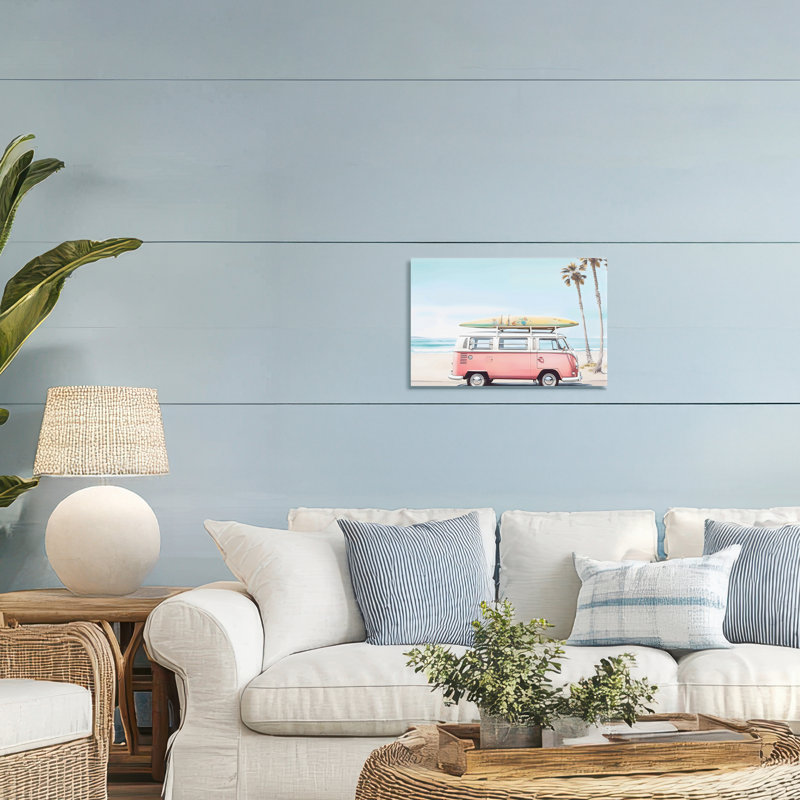 «Pink Bus on Tropical Shores», art mural par Arlington Prints, H 16 po x l 24 po