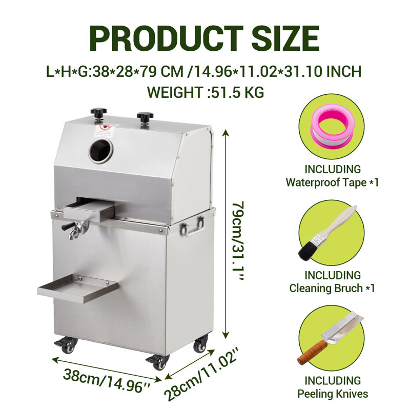 110LBS/H Manual Sugar Cane Juicer, 3 Stainless Steel Rollers, 2.4" Large Feeding Chute, Durable Juice Extractor for Home & Commercial Kitchen, Table Type YF-SY80, No Plug, Manual, Without Wheels