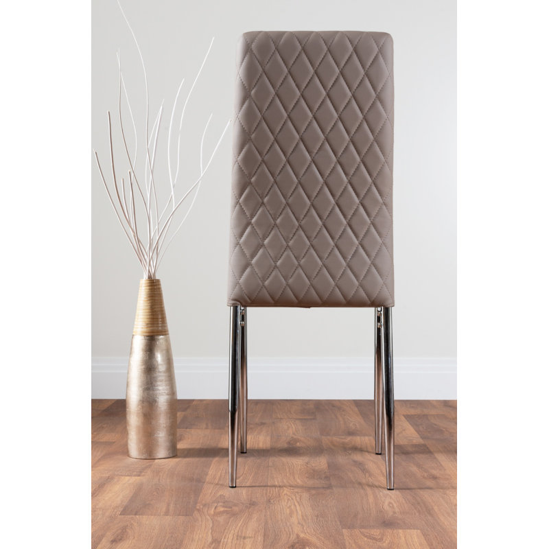 Tierra Modern Chrome Metal & Glass Round Dining Table Set with 6 Quilted Faux Leather Chairs, Cappuccino Beige