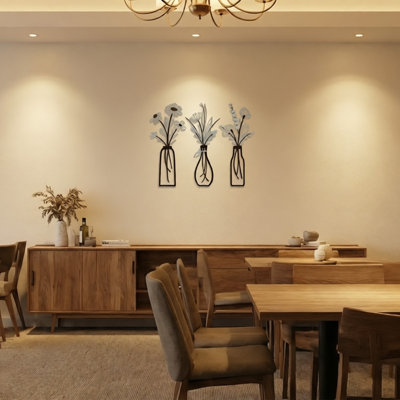 Ensemble de 3 pièces d'art mural fleur en métal, décoration florale rustique avec vase