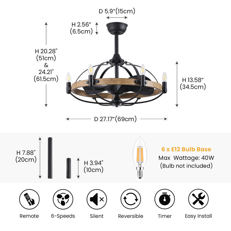 Arezo 27.17" Classic Black Caged Farmhouse Ceiling Fan With Light Kit And Remote Control