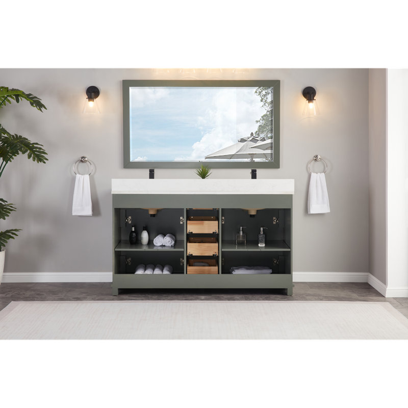 60" Solid Wood Sink Vanity  With 1' Artificial Stone Top, Pewter Green