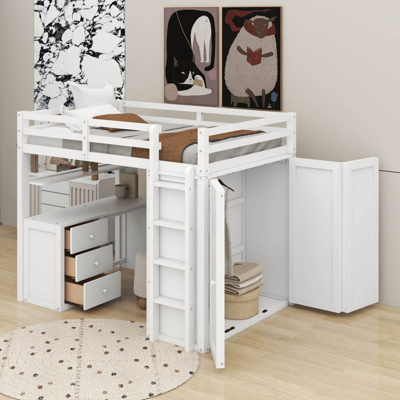 Full Size Loft Bed With Drawers,Desk And Wardrobe, White