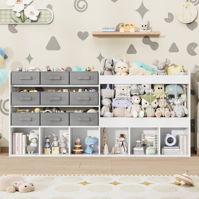 63.6" W Wood Toy Storage Organizer with 9 Removable Bins, Large Stuffed Animal Storage, 6 Open Cubbies, Round Edges, Montessori Kids Bookcase for Playroom, Kids Room, Nursery, Bedroom, White