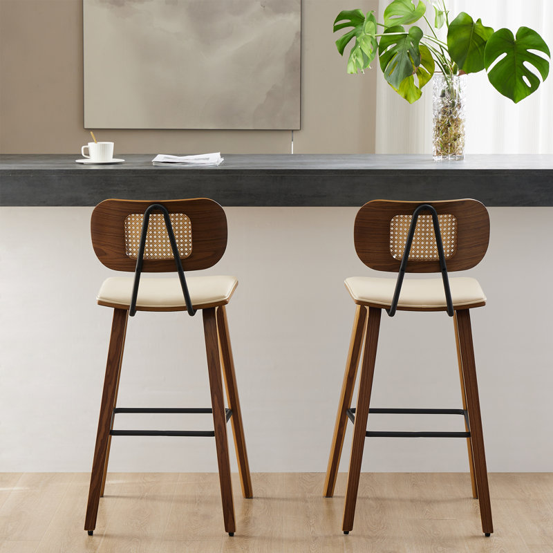 Upholstered Rattan Counter & Bar Stool, White Faux Leather, 1, Counter Stool (27.17"" Seat Height)"