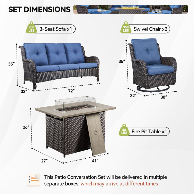 Wendye 4-Piece Outdoor Furniture Set, 2 Swivel Glider Chairs, 3-Seat Sofa & 55K BTU Fire Pit Table, Blue, Brown