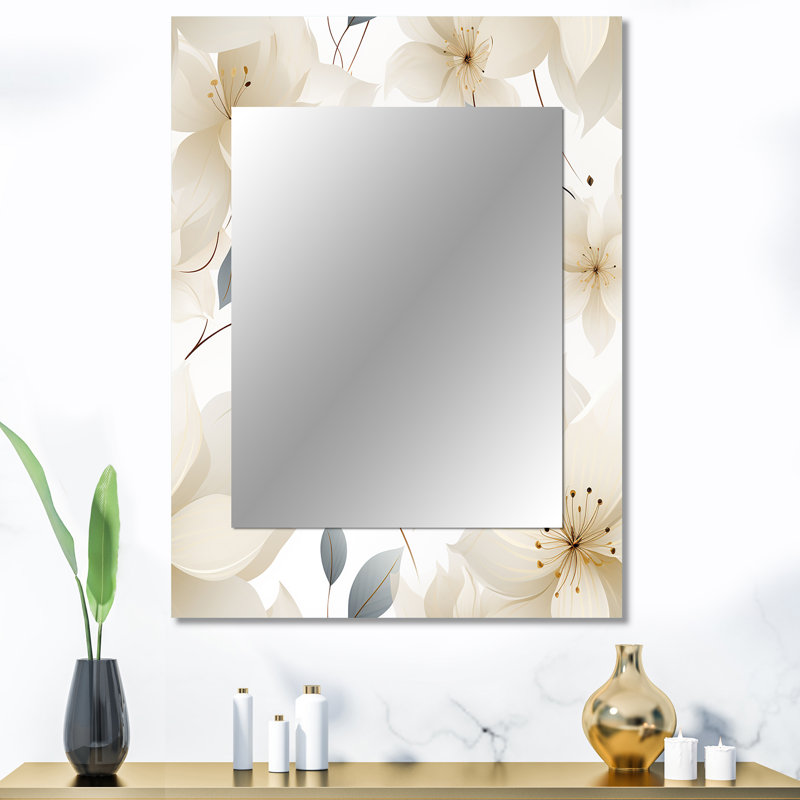 Zakaria élégant motif floral ivoire - miroir floral, miroir mural décoratif floral, impression d'art en métal, 40 po x 30 po