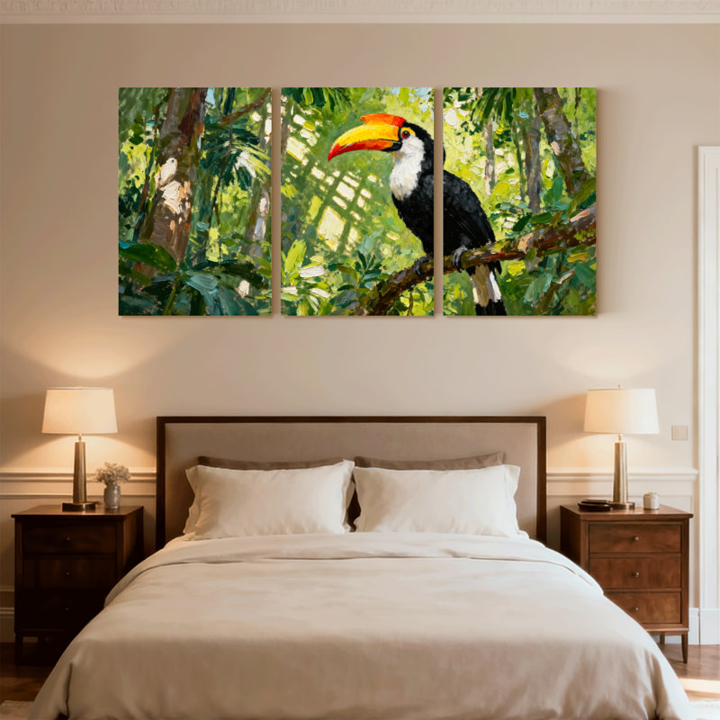 Oiseaux toucans perchés dans une jungle luxuriante, ensemble de 3 impressions sur toile, H 24 po x l 48 po