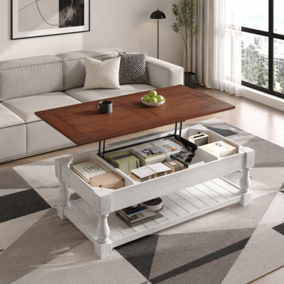 Farmhouse Lift Top Coffee Table with Fixed Shelf - 3 Hidden Storage Trays, Handcrafted Solid Wood Splice Tabletop, Versatile Two-Tier Living Room Table