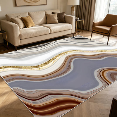 Tapis en agate abstraite ondulée en feuille d'or 1pc pour le salon, doux et confortable, convient à toutes les saisons, facile à entretenir, tapis de sol intérieur lavable à la machine, sous la table de ferme convenant à la salle à manger, la chambre à coucher, la cuisine, le vestibule,
