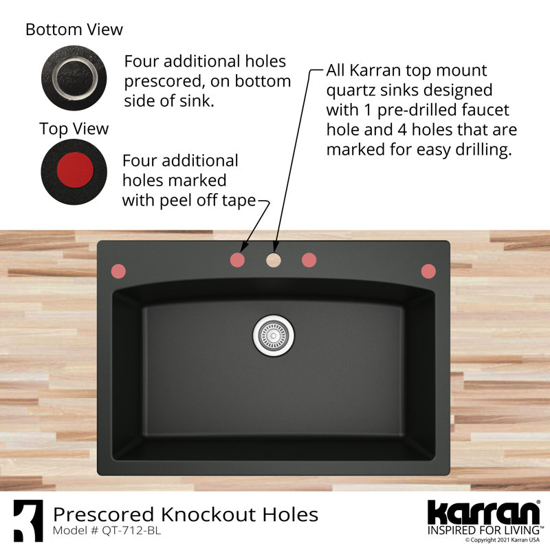 Karran Quartz 33'' X 22'' Single Bowl Top Mount Drop-in Kitchen Sink Kit, Bisque