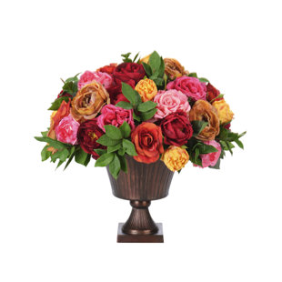 Rose Peony, Pink Red, Metal Urn, 23wx24dx21h