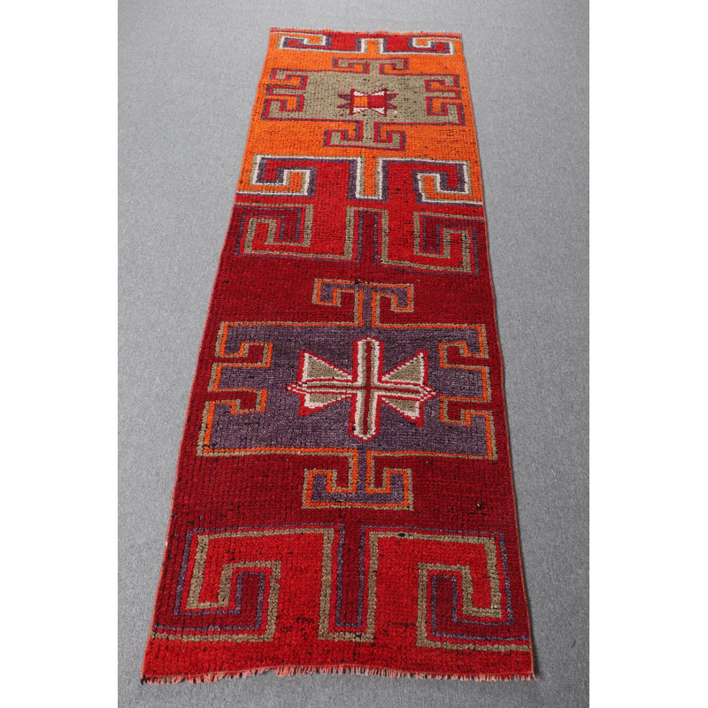 Tapis en laine mauve tissé à la main, idéal pour les couloirs avec un design rétro turc de style Anatolian Herki